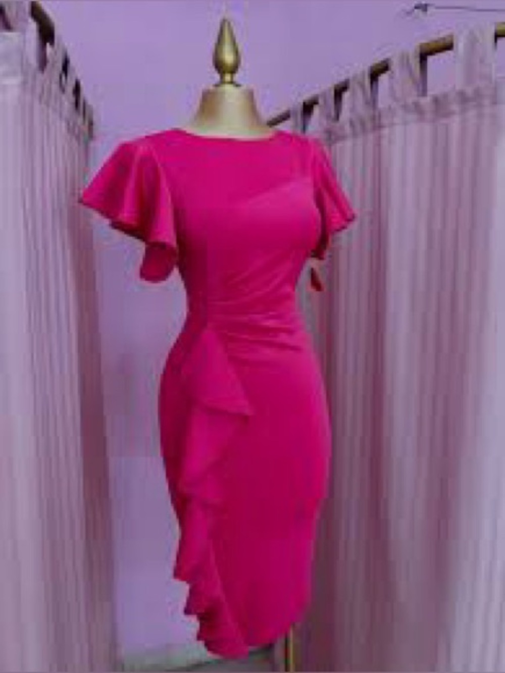 NWOT Fuchsia Ruffled Midi Dress with Draped Front Detail M